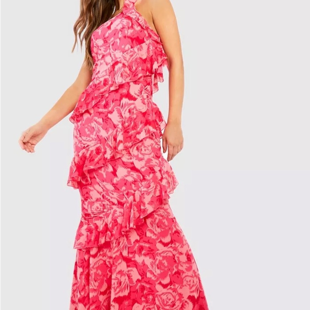 Boohoo Pink Ruffled Tiered One Shoulder Gown